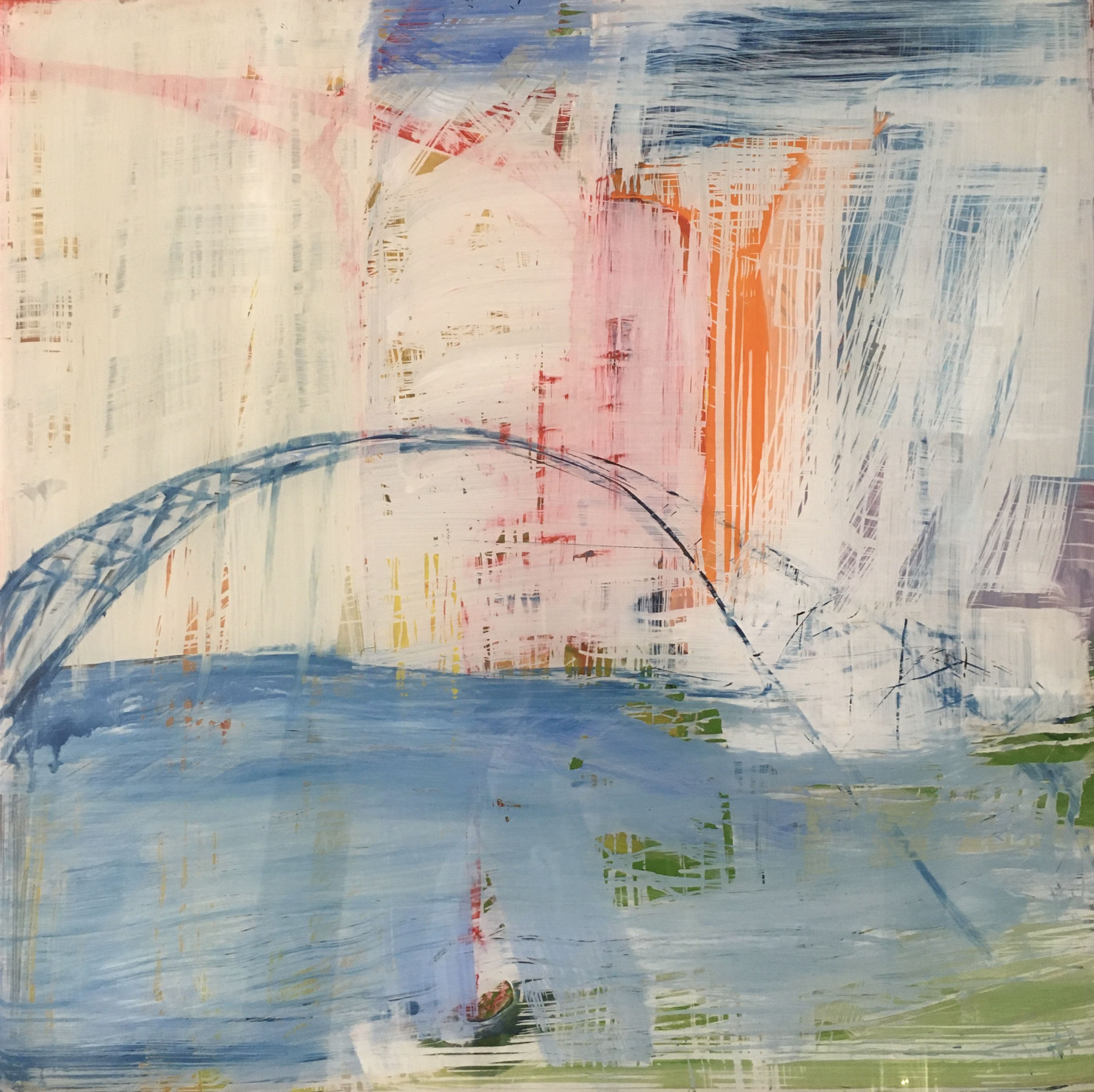 Sea and houses, Acryl hinter Glas, 50 x 50 cm