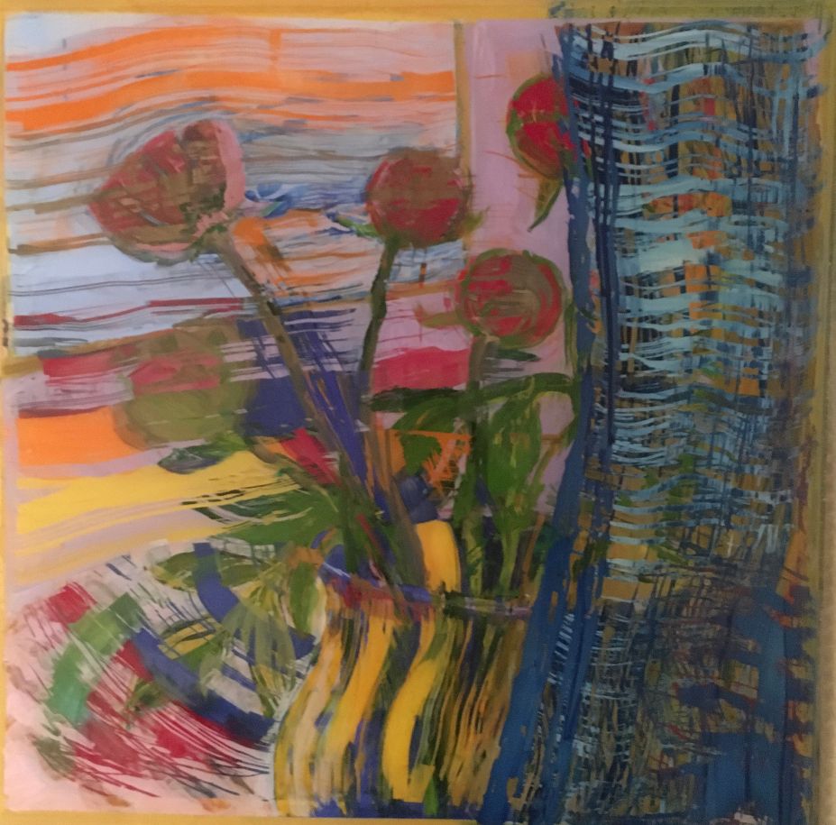 Pfingstrosen, Acryl hinter Glas, 50 x 50 cm
