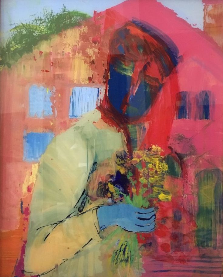 Blumenkäufer, Acryl hinter Glas, 58 x 78 cm