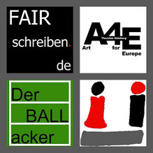 Das Logo von FAIRschreiben.de, Art for Europe, Der BALLacker und vom Ü jeweils einzeln grau gerahmt in einem Bild.