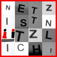 Netz ist nÜtzlich! zeigt dieses quadratische, rot gerahmte Bild aus einzelnen Buchstaben in verschiedenen Grautönen und dem Ü-Logo.