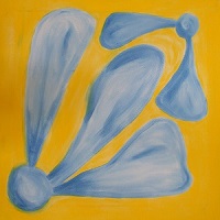 greifen, eine Leinwandarbeit von Thorsten Hülsberg mit hellblauen blütenartigen Gebilden auf gelbem Grund.