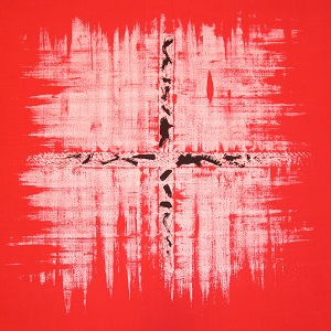 Eine Leinwandarbeit von Thorsten Hülsberg aus lingua fantasia in rot, weiß und schwarz mit Fantasie-Schriftzeichen.