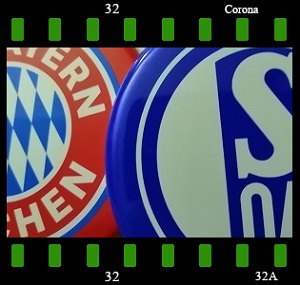 Dieses Bild von Thorsten Hülsberg zeigt Ausschnitte der Logos vom FCB und S04 in einem Filmstreifen mit BALLackergrünen Accenten und Corona-Beschriftung.