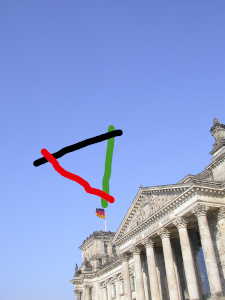 Dieses Bild von Thorsten Hülsberg zeigt den Reichstag in Berlin mit einem gezeichneten Dreieck in den Parteifarben der Union, SPD und Grünen darüber.