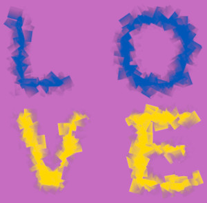 Dieses FAIRschreiben-dÜsign von Thorsten Hülsberg zeigt auf pinkfarbenen Hintergrund in den ukrainischen Nationalfarben: LOVE.