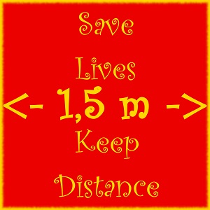 Dieses dÜsign zu Fight COVID-19 von Thorsten Hülsberg auf rotem Grund weist auf 1,5 m Abstand hin und darüber bzw. darunter kann man lesen SAVE LIVES und KEEP DISTANCE. Alles in ist in Gold, auch der Rahmen.